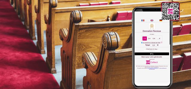 A parish donation page shown on a phone beside church pews