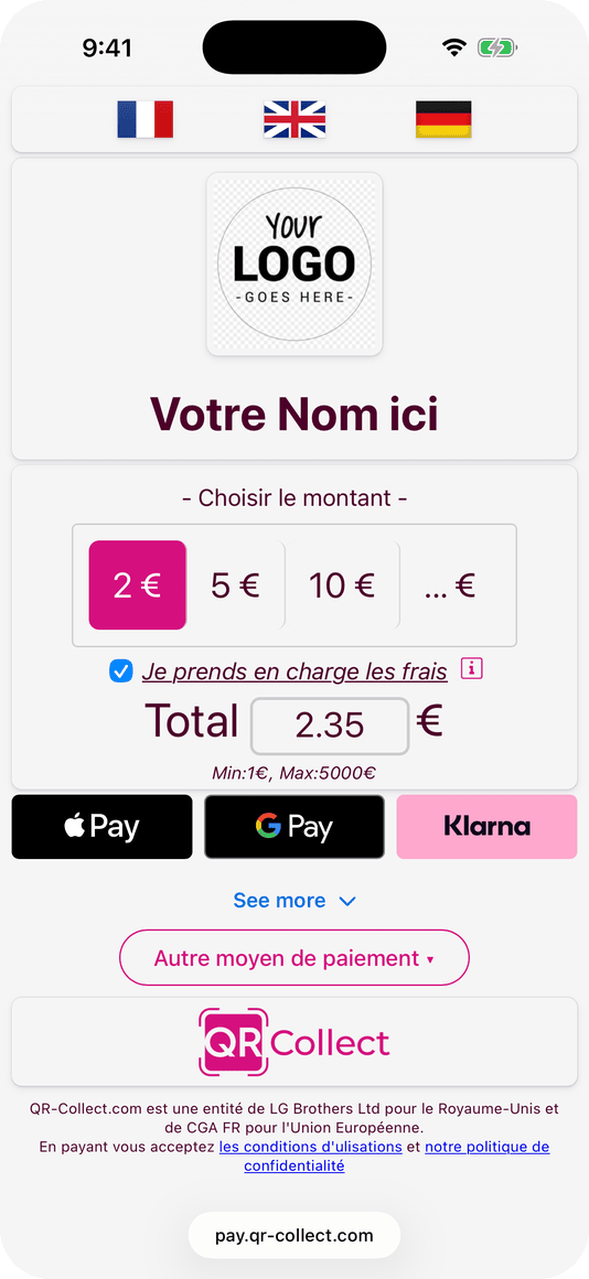 A QR-Collect payment page with preset amounts and Apple Pay, Google Pay and Klarna
