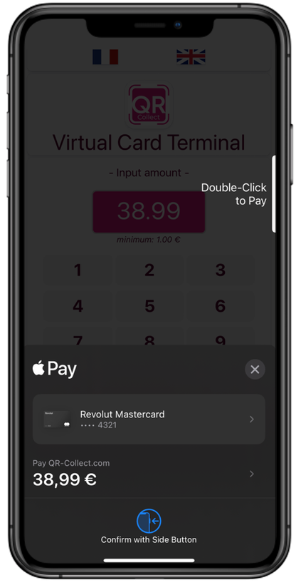A customer paying a QR-Collect charge with Apple Pay in one tap