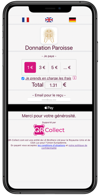 Parish donation page with preset amounts